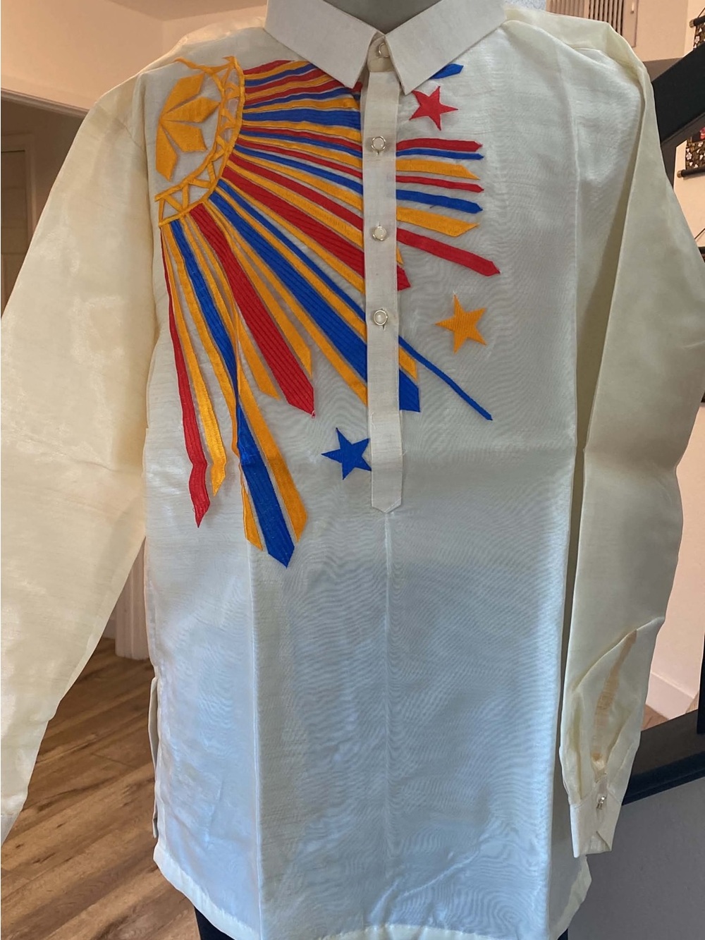 Men's Embroidered Cream Barong-Tagalog Shirt with Red, Blue & Yellow Accents